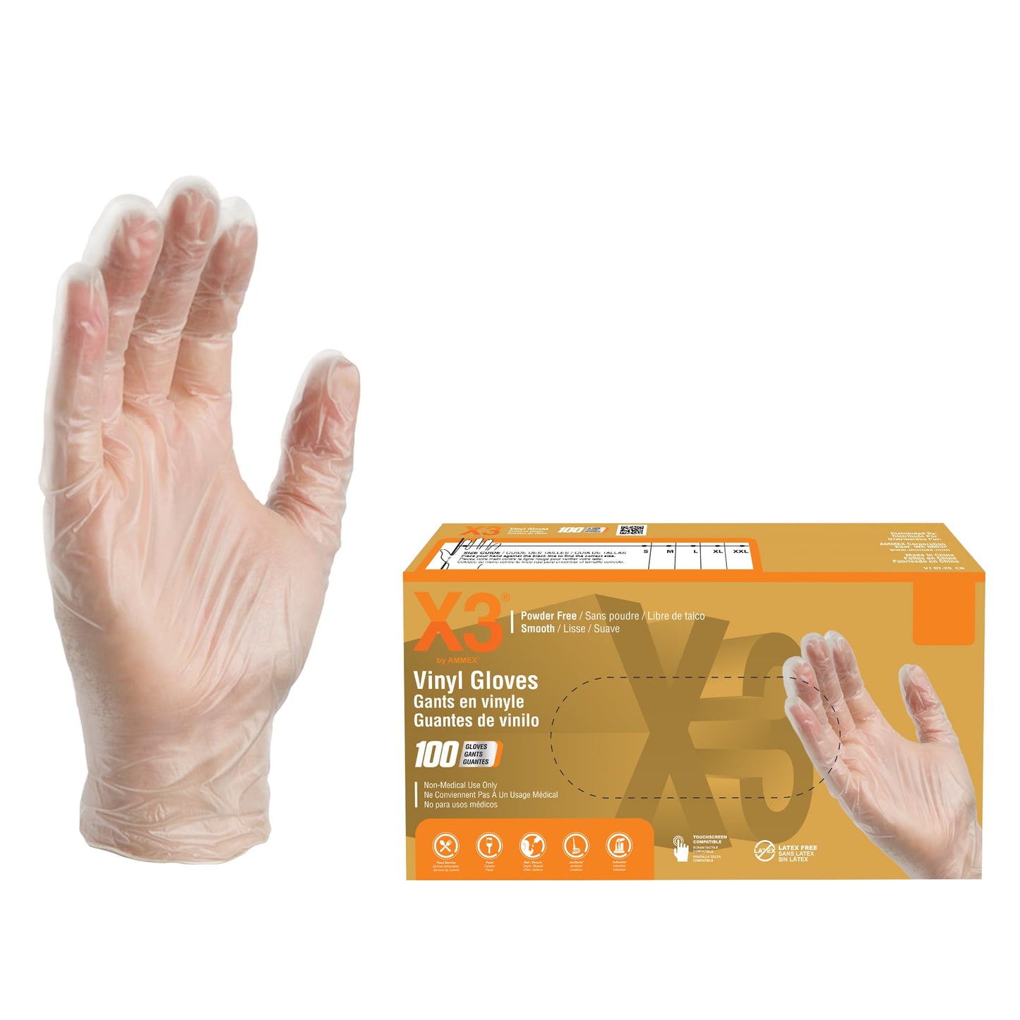 X3 Clear Vinyl Disposable Industrial Gloves, 3 Mil, Latex & Powder-Free, Food-Safe, Non-Sterile, Smooth, Small, Box of 100