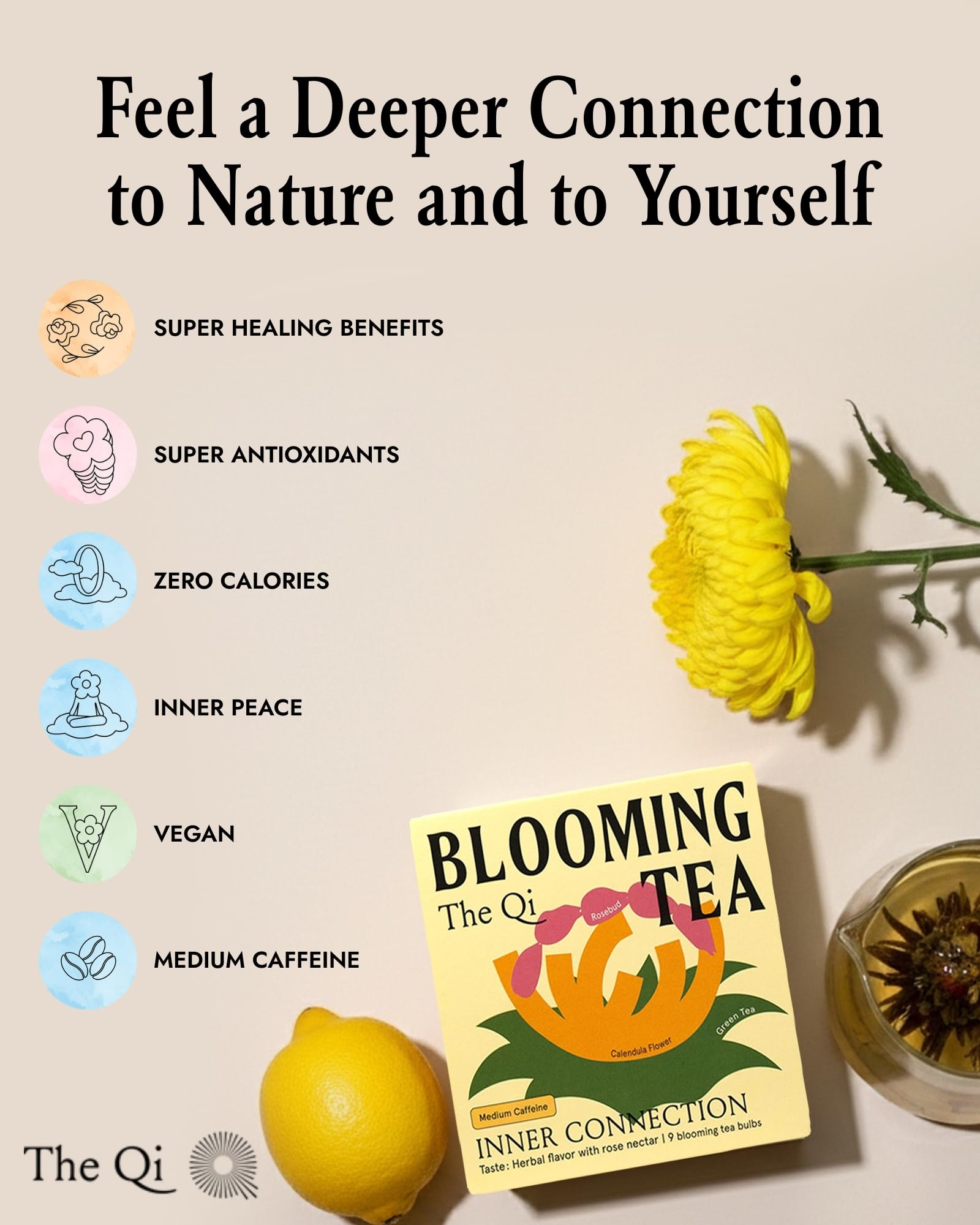 The-Qi Inner Connection Calendula & Rose Blooming Flower w/Green Tea - 9 Pcs Handpicked All Natural Blooming Flower Tea - Gift Set for Inner Calm