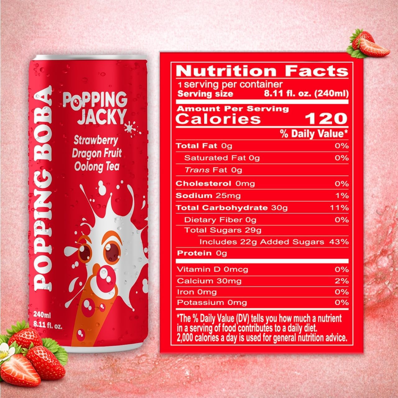 Popping Jacky Boba Tea Drink (Pack of 12) with Popping Boba Pearls - Ready to Drink Bottled Bubble Tea - Strawberry Dragon Fruit Oolong Fruit Tea