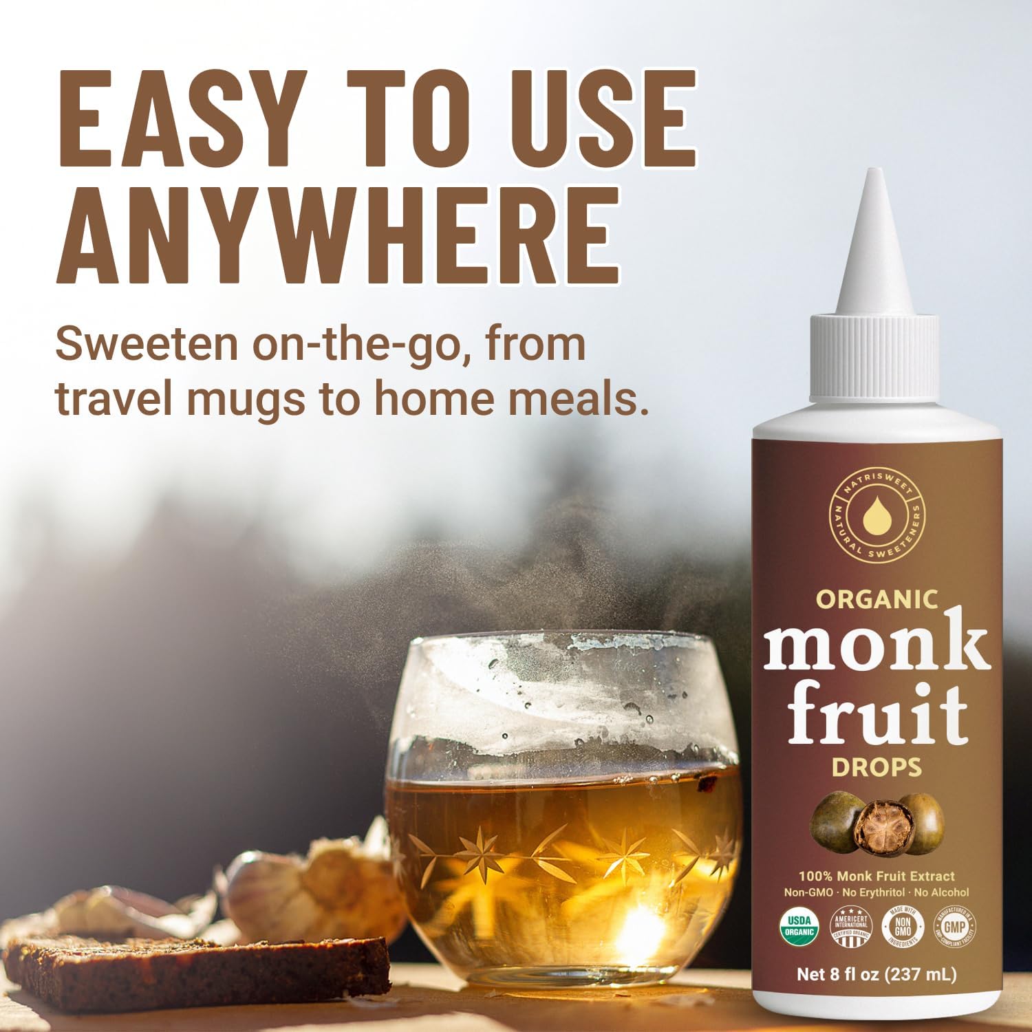 Organic Monk Fruit Liquid Sweetener Drops, 100% Pure Extract, Zero Sugar & No Erythritol, Original Flavor Liquid Monk Fruit for Coffee, Tea, Drinks
