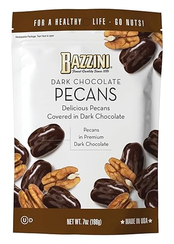 Bazzini Dark Chocolate Pecans, Gourmet Pecans Coated in Rich Dark Chocolate, Kosher, Since 1886 Gourmet Nut Snack, Made in USA (7oz Pouch)