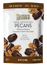 Bazzini Dark Chocolate Pecans, Gourmet Pecans Coated in Rich Dark Chocolate, Kosher, Since 1886 Gourmet Nut Snack, Made in USA (7oz Pouch)