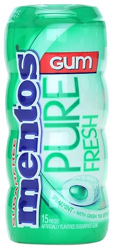 MENTOS PURE FRESH SUGAR-FREE CHEWING GUM WITH XYLITOL, SPEARMINT, NON MELTING, 15 PIECE BOTTLE