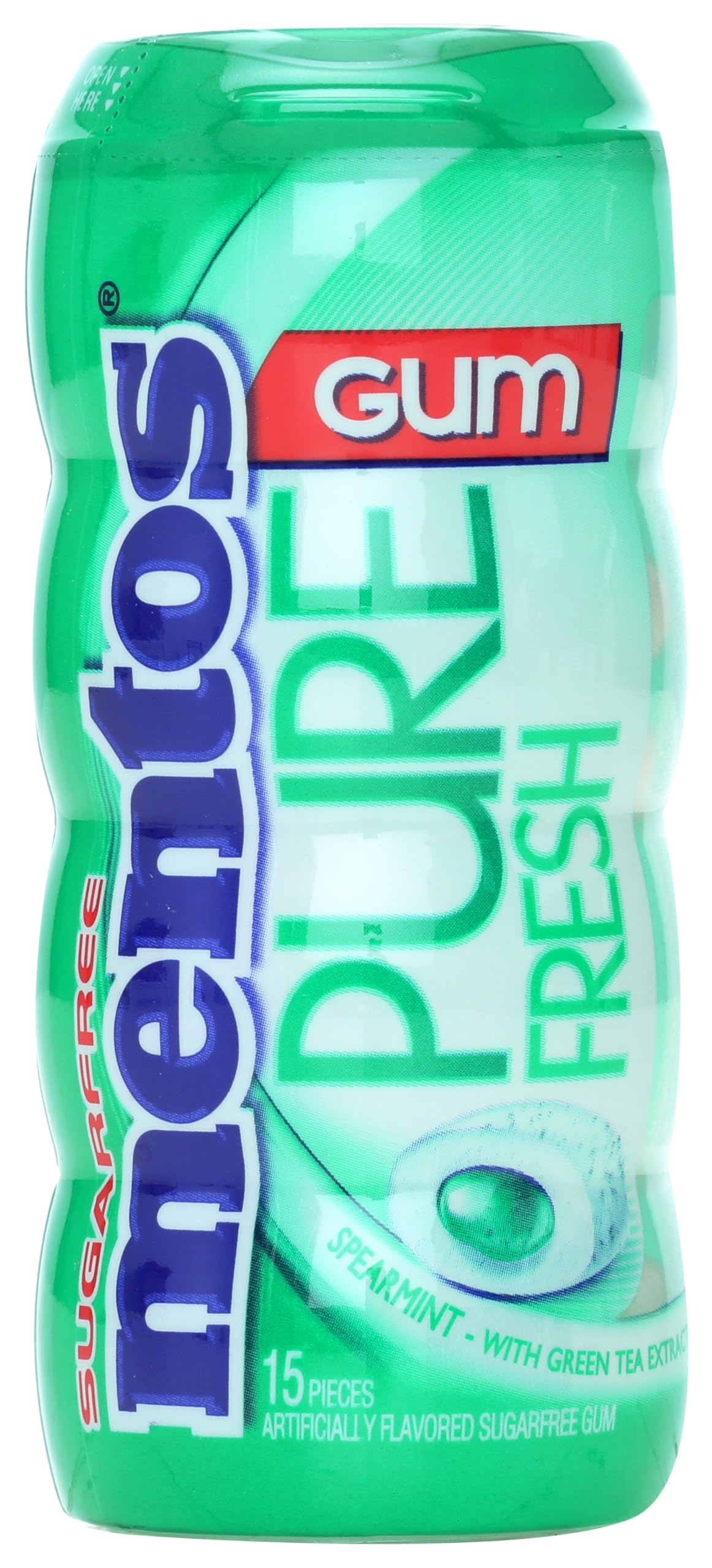 MENTOS PURE FRESH SUGAR-FREE CHEWING GUM WITH XYLITOL, SPEARMINT, NON MELTING, 15 PIECE BOTTLE