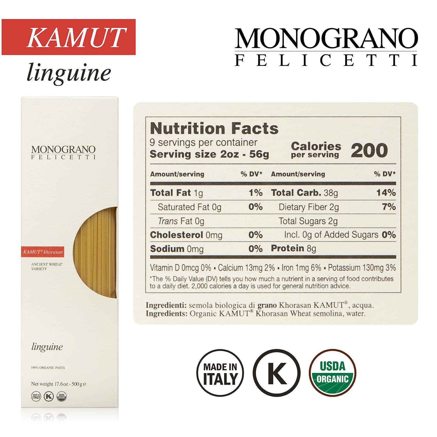 Monograno Felicetti Italian Organic Linguine Pasta Made with Kamut 1.1 lb - Pack of 4
