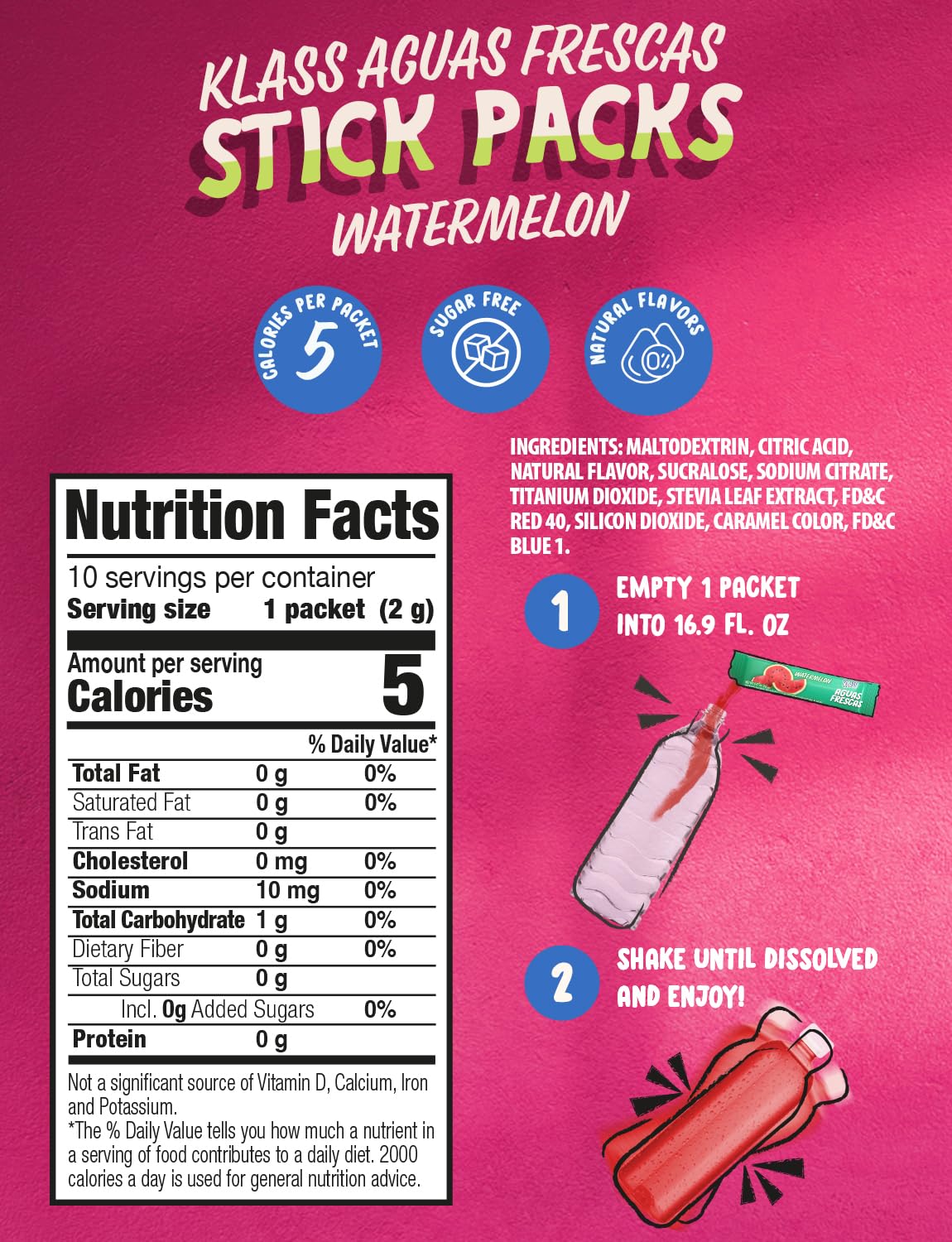 Klass Aguas Frescas, Powdered Drink Mix, 40 Singles Zero Sugar & Caffeine-Free Powder Packets, Water Drink Mix, Flavor: Watermelon - 5 Calories Per