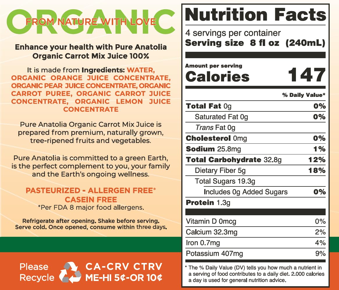 Pure Anatolia Organic Carrot Juice Mix 32 fl oz - Organic Juice Blend with Carrot, Orange, Pear & Lemon - Vegetable Drink With No Sugar Added, Vegan