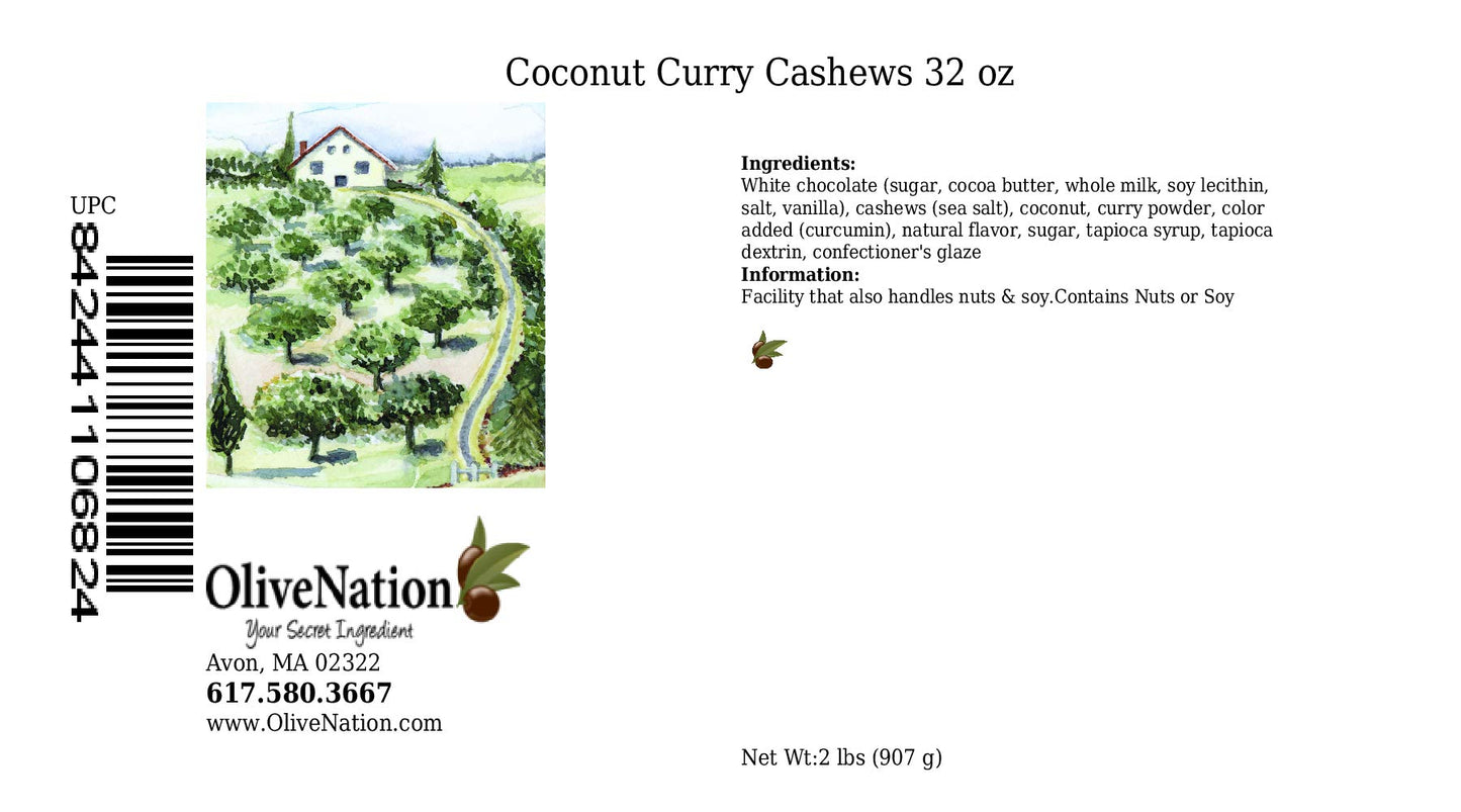 OliveNation Coconut Curry Cashews, Dry Roasted Cashew Nuts in White Chocolate, Coconut, and Curry Coating - 32 ounces
