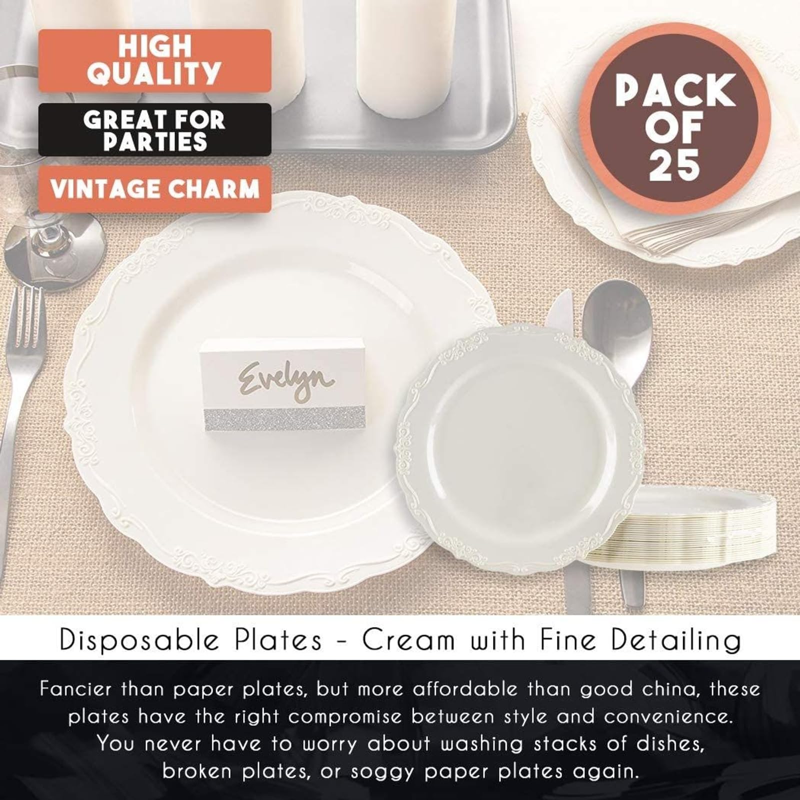Juvale Disposable Plastic Dinner Plates - Cream Disposable Dinnerware for Weddings & Bridal Showers - Vintage Plastic Dinner Plates for Weddings