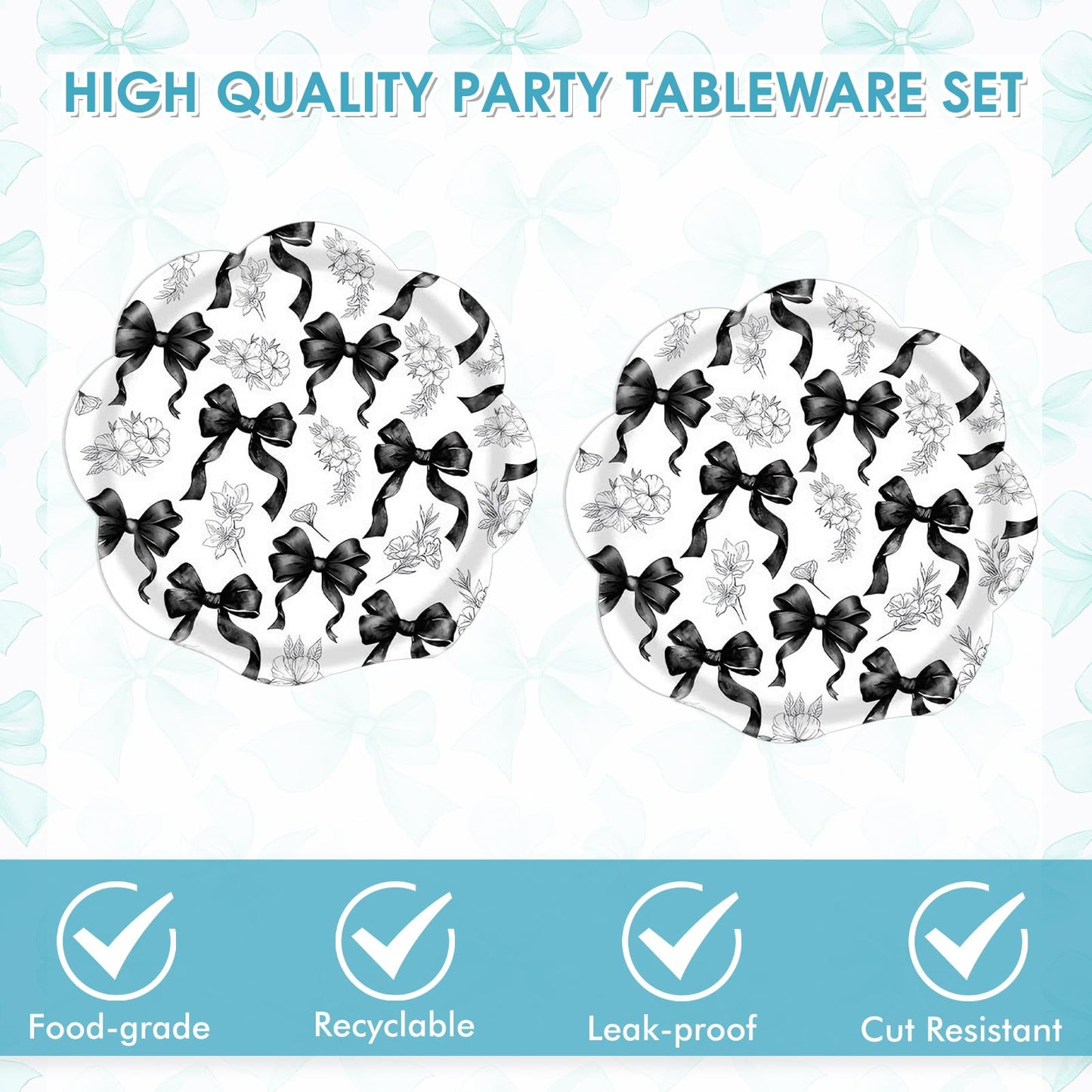 Actoridae 40PCS Black Bow Paper Plates and Napkins Set - Disposable Black and White birthday Party Supplies for Girls & Women, Coquette Birthday