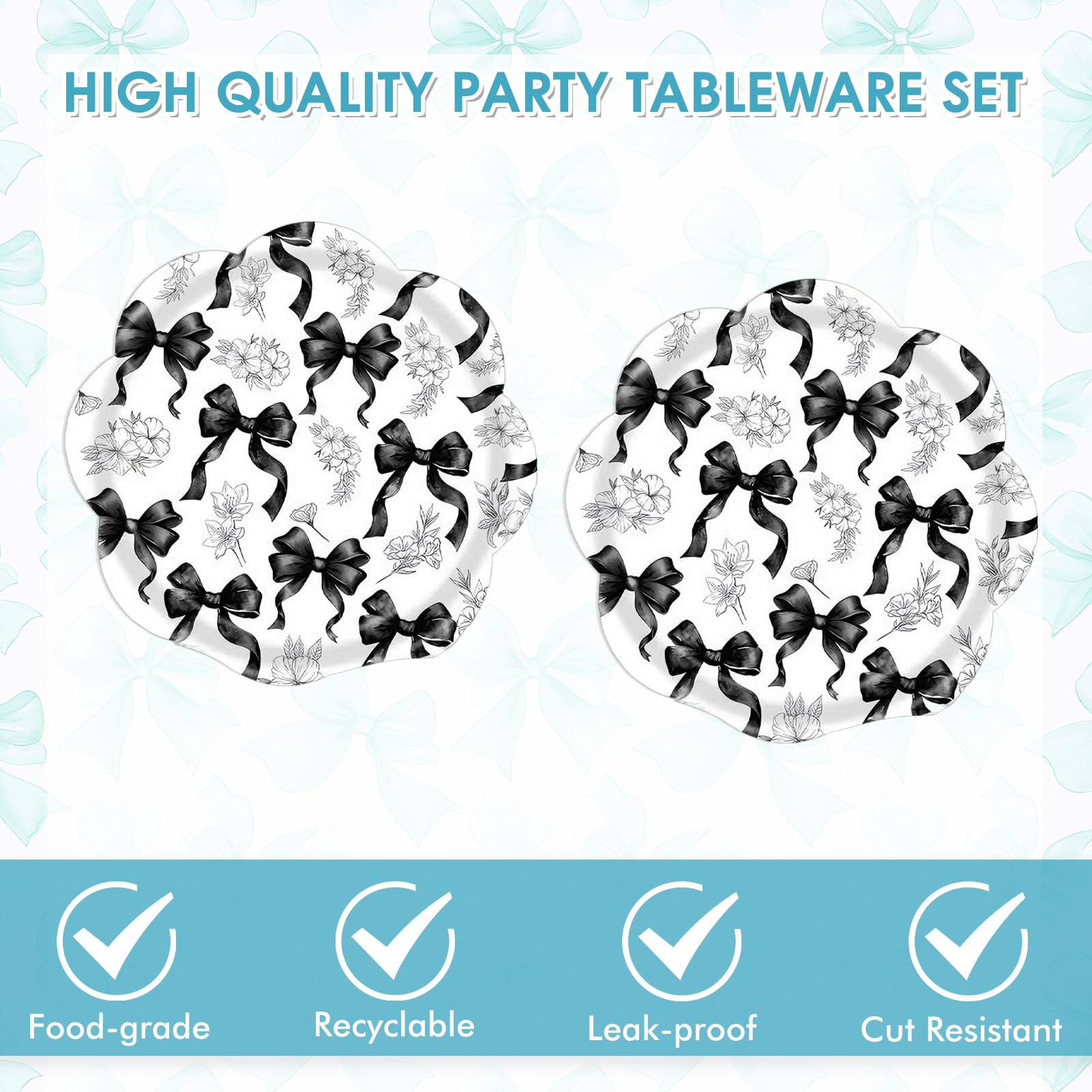 Actoridae 40PCS Black Bow Paper Plates and Napkins Set - Disposable Black and White birthday Party Supplies for Girls & Women, Coquette Birthday