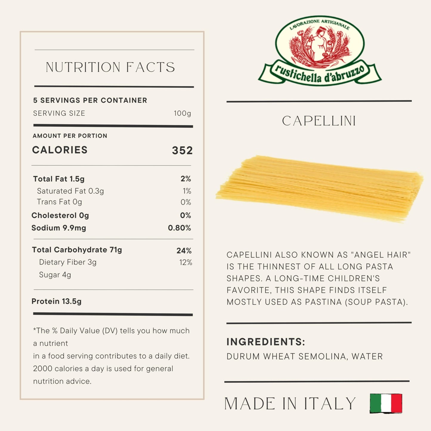 Rustichella d'Abruzzo Capellini Angel Hair Pasta (Pack of 3), 500g Each - Classic Durum Wheat Pasta from Italy, Perfect for Soups & Light Sauces