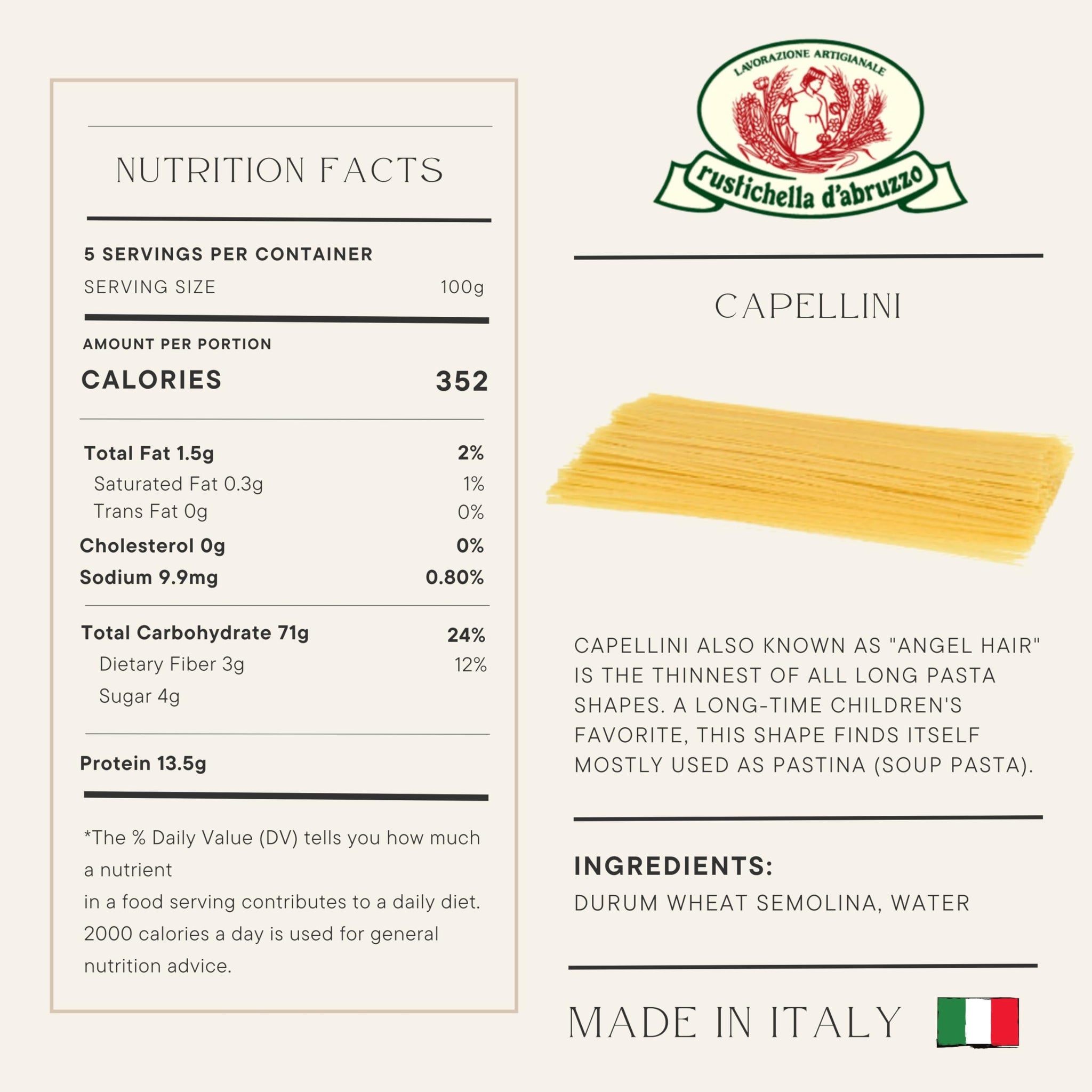 Rustichella d'Abruzzo Capellini Angel Hair Pasta (Pack of 3), 500g Each - Classic Durum Wheat Pasta from Italy, Perfect for Soups & Light Sauces
