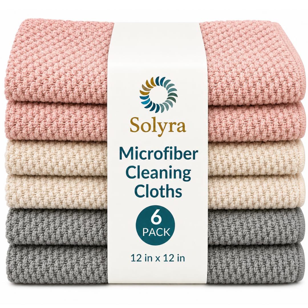 Solyra Oeko-Tex Certified Microfiber Cleaning Cloths - Non-Toxic, Safe for Family & Pets - 6 Pack Kitchen Rags for Counter - 12x12 in, Lint-Free