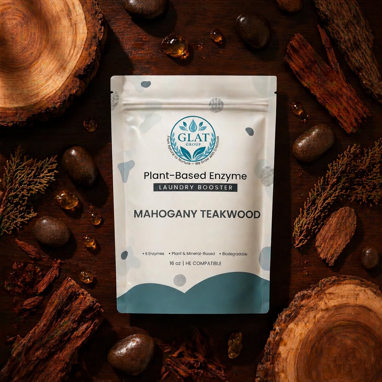 GLAT Group Enzyme Laundry Booster Powder - Mahogany Teakwood | Plant-Based, 6-Enzyme Blend for Maximum Stain & Odor Removal | Biodegradable, Boosts