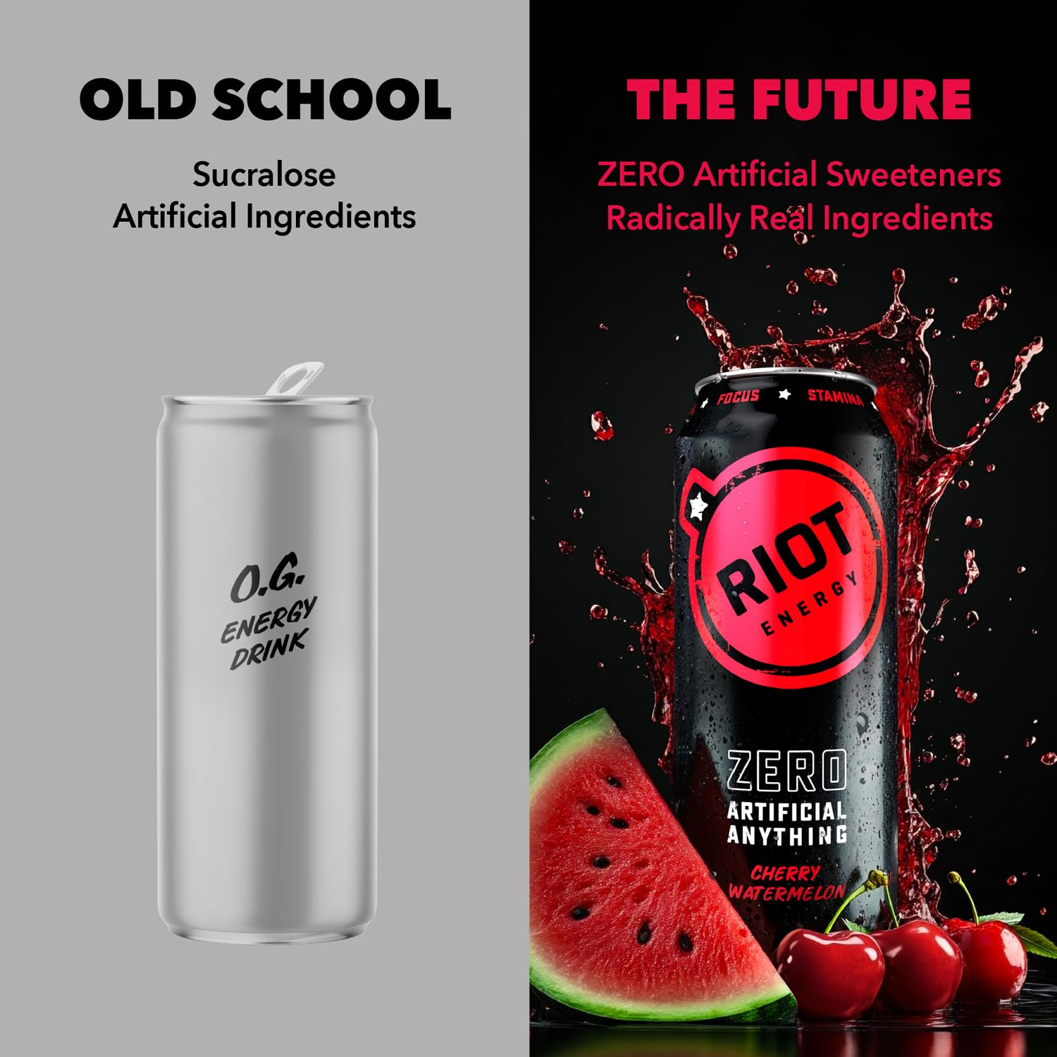 RIOT Clean Energy Drink - Cherry Watermelon | No Sucralose, No Sugar Added, No Artificial Flavors | 160mg Natural Caffeine + 100mg L-Theanine | Clean