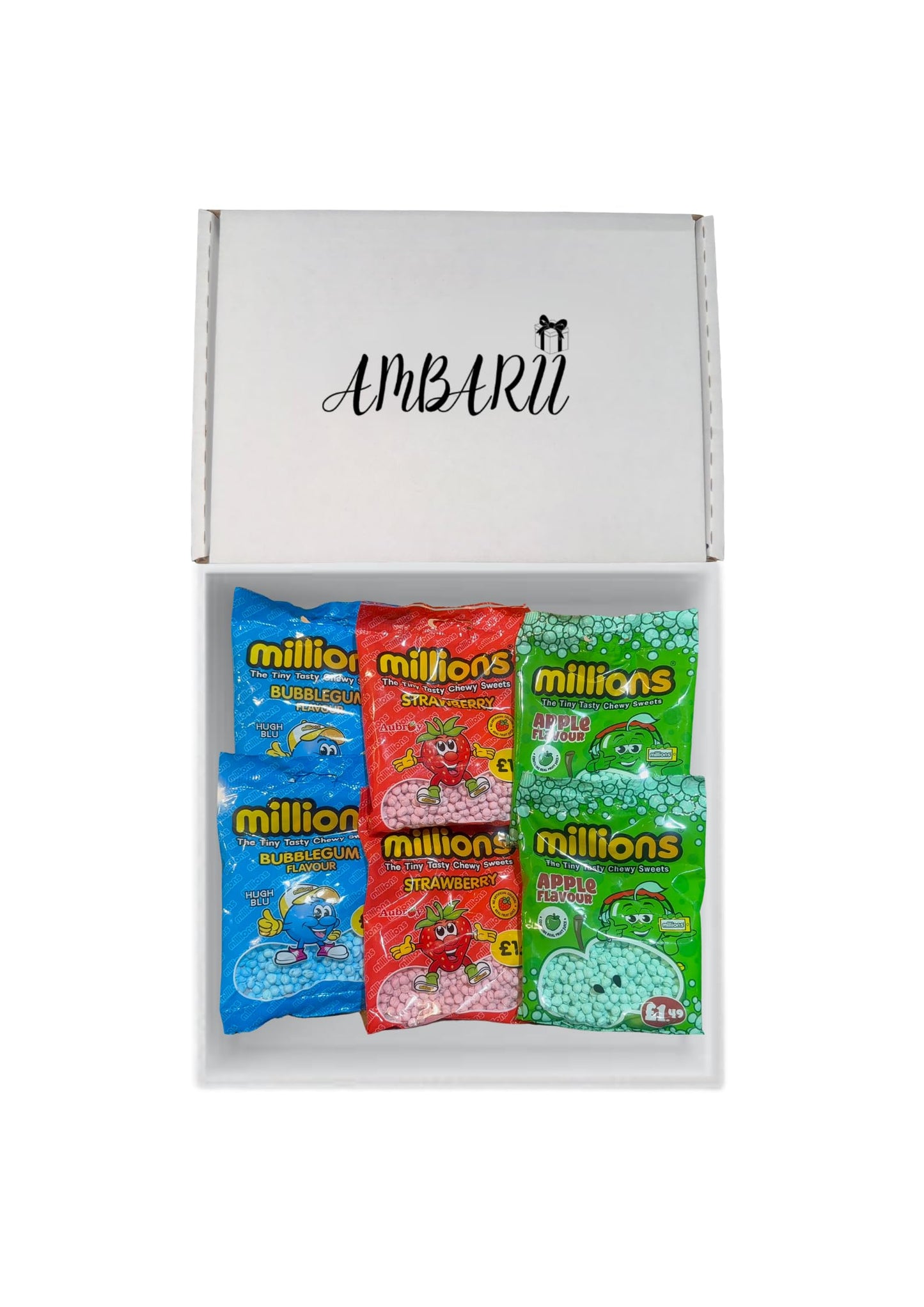 AMBARII Millions Sweets Gift Box Set, Bubblegum, Apple, Strawberry Flavors Candy Pack, 6 Count | Gift hamper | Two of each flavour | Ambarii