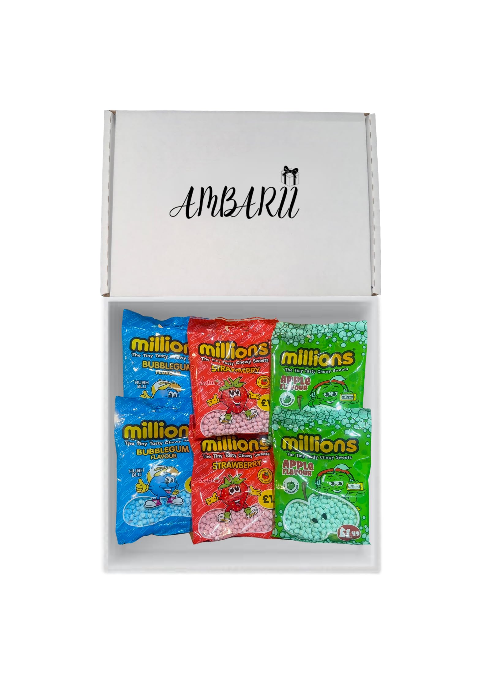 AMBARII Millions Sweets Gift Box Set, Bubblegum, Apple, Strawberry Flavors Candy Pack, 6 Count | Gift hamper | Two of each flavour | Ambarii