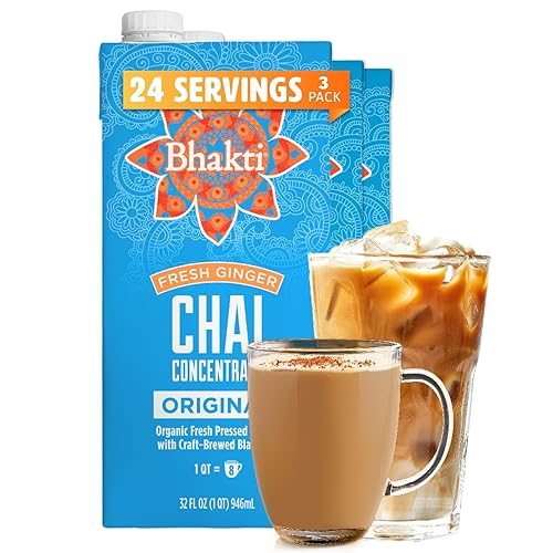 Bhakti Chai Tea Concentrate | Original, Organic Fresh Ginger, Black Tea, Sweetened, Spiced, Dairy-Free, Vegan (Pack of 3) (24 Servings)
