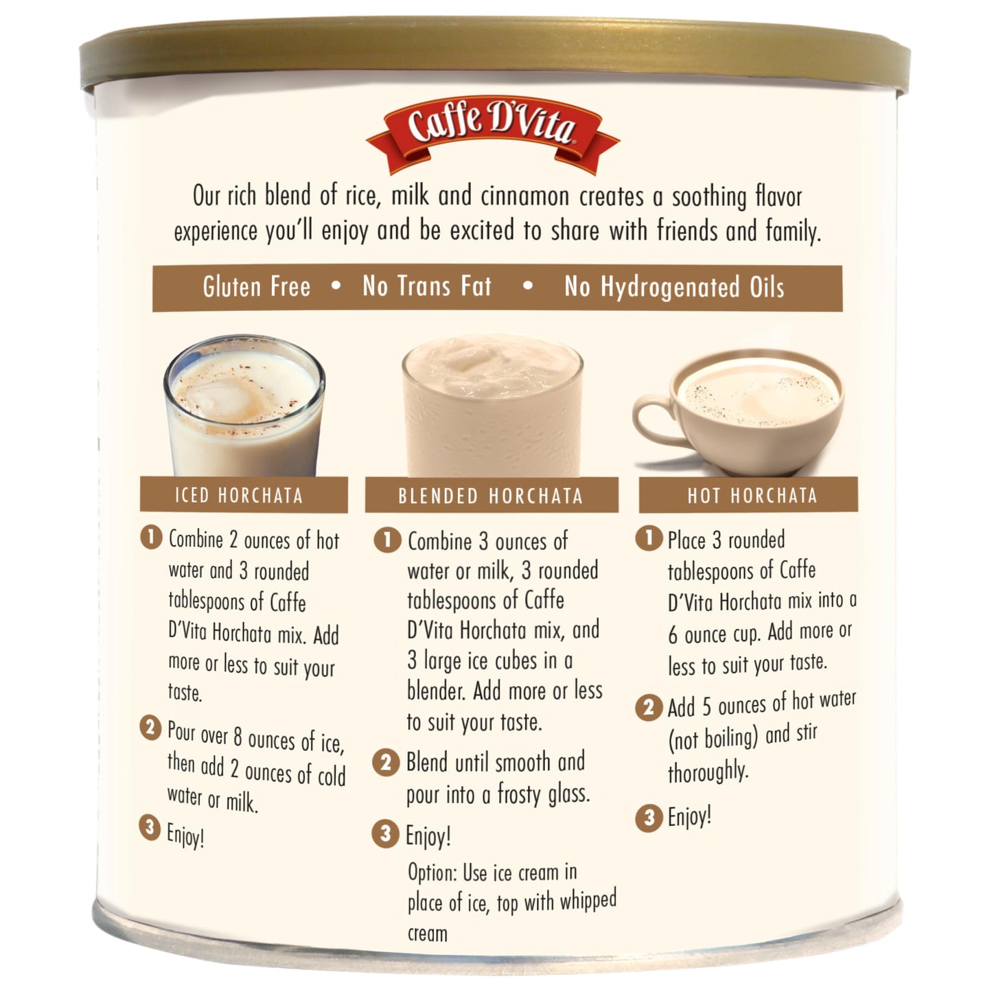 Caffe D'Vita Horchata Drink Mix - Instant Horchata Powder Mix, Gluten Free, No Cholesterol, No Hydrogenated Oils, No Trans Fat, Kosher-Dairy, Can be