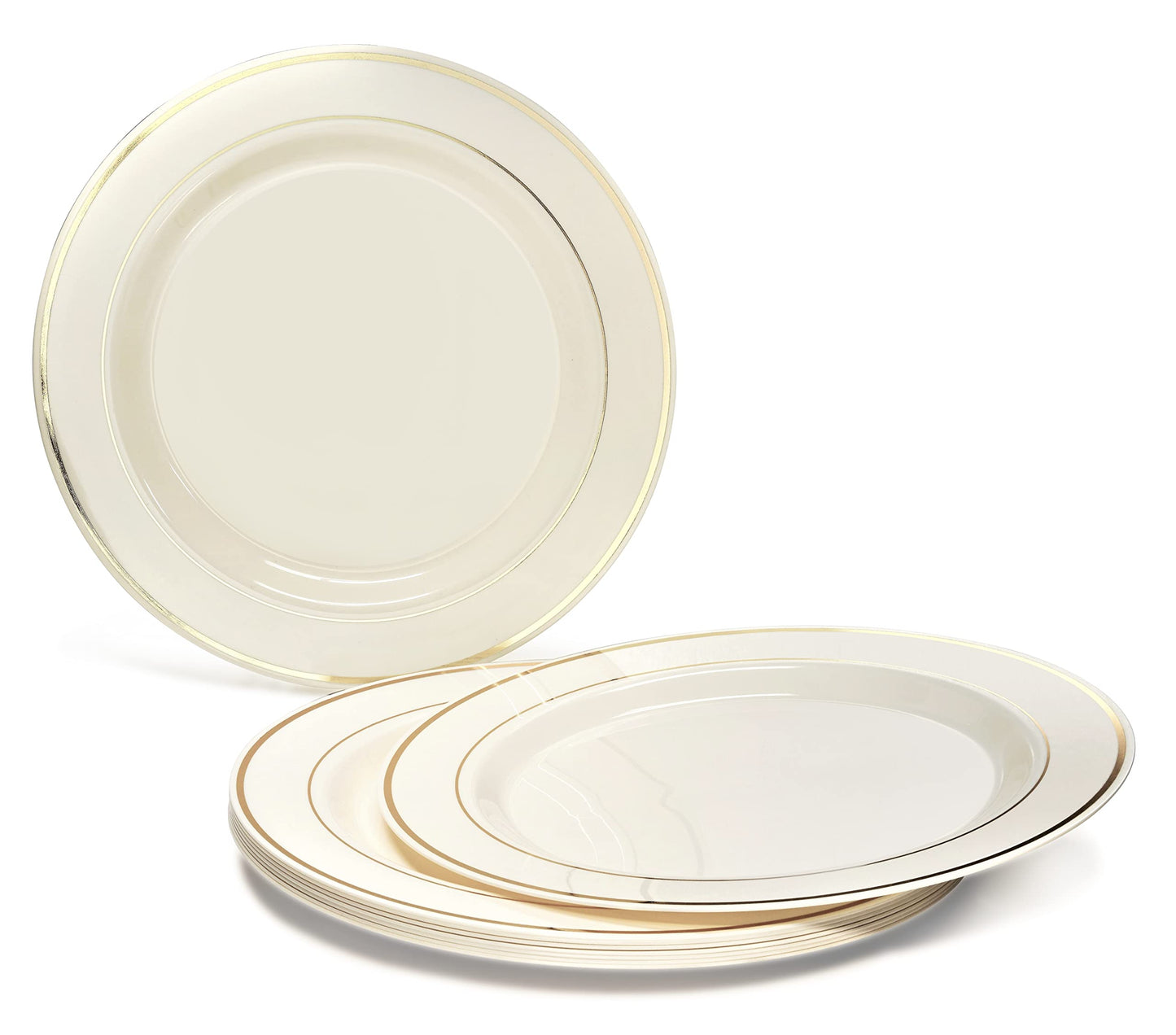 " OCCASIONS " 120 Plates Pack, Heavyweight Premium Disposable Plastic Plates Set 60 x 10.5'' Dinner + 60 x 6.25'' Dessert/Cake Plates (Ivory & Gold