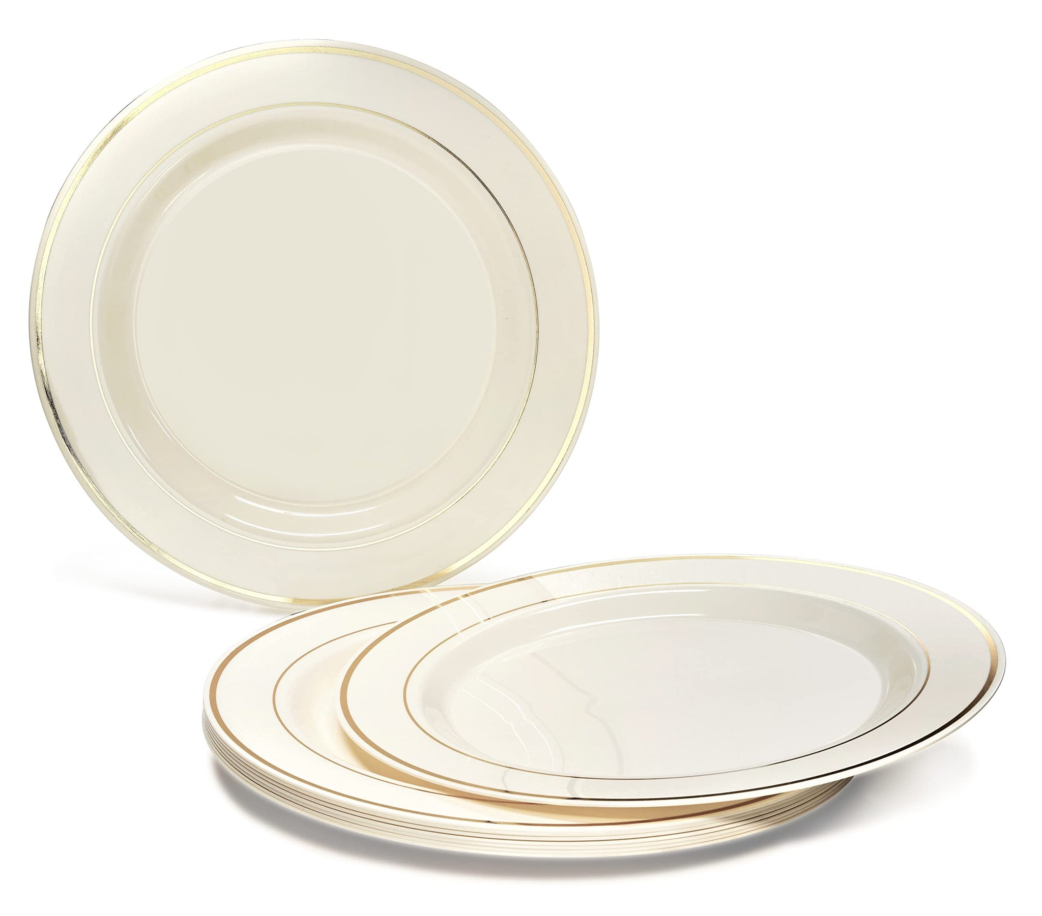 " OCCASIONS " 120 Plates Pack, Heavyweight Premium Disposable Plastic Plates Set 60 x 10.5'' Dinner + 60 x 6.25'' Dessert/Cake Plates (Ivory & Gold
