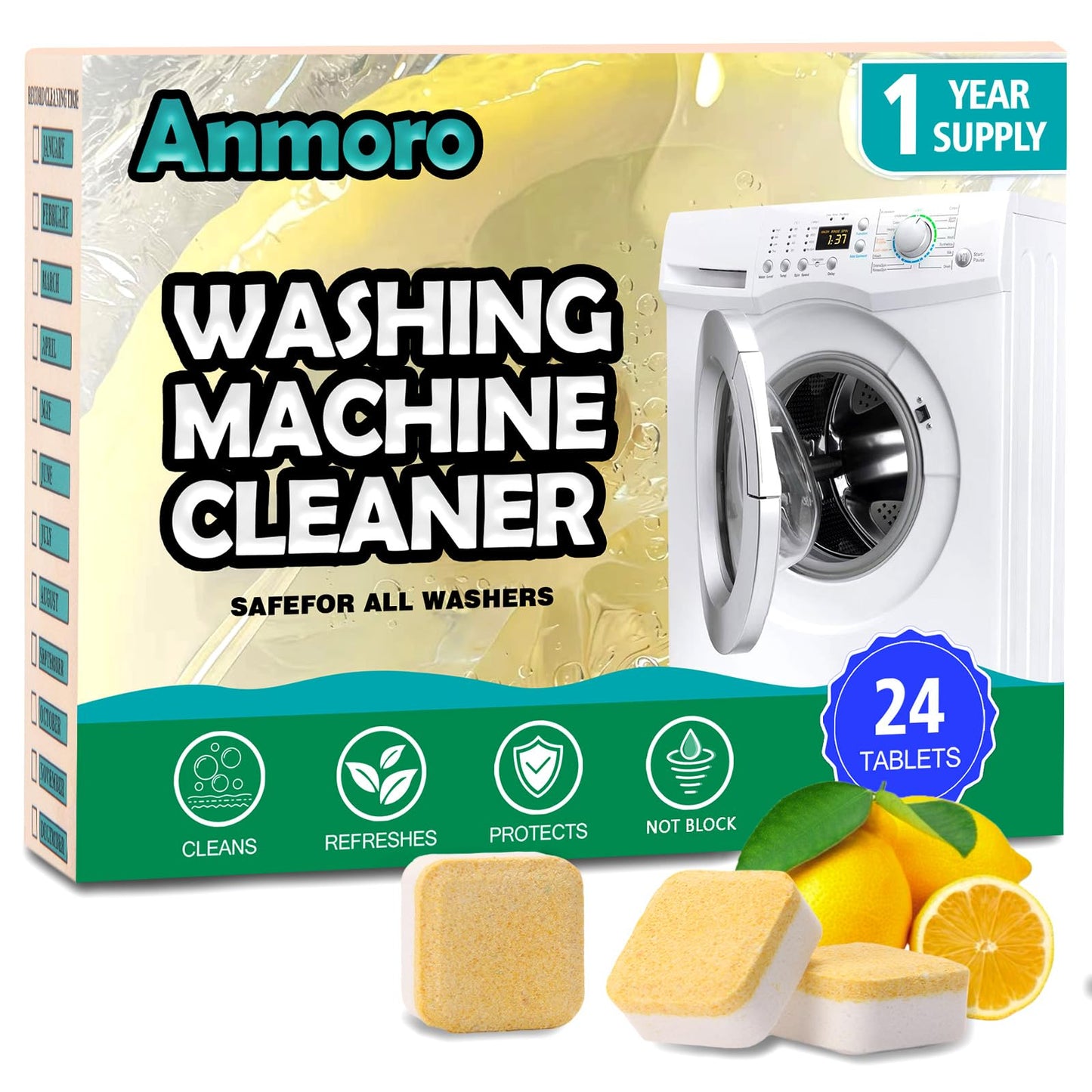 Anmoro Washing Machine Cleaner Tablets,24 Pack Deep Cleaning Tablets for HE,Front & Top Load Washers - Eliminates Odor-Causing Buildup,Debris from the