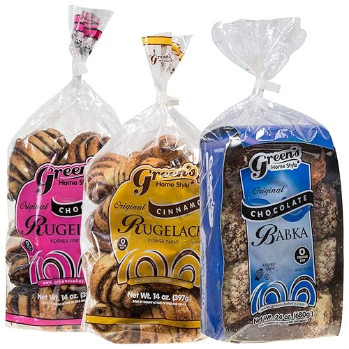 Green's Bakery Babka & Rugelach Value Pack, 3 Pack (1) 24oz Chocolate Babka, (2) 14oz Cinnamon Rugelach, Fresh and Delicious, OK Certified Kosher
