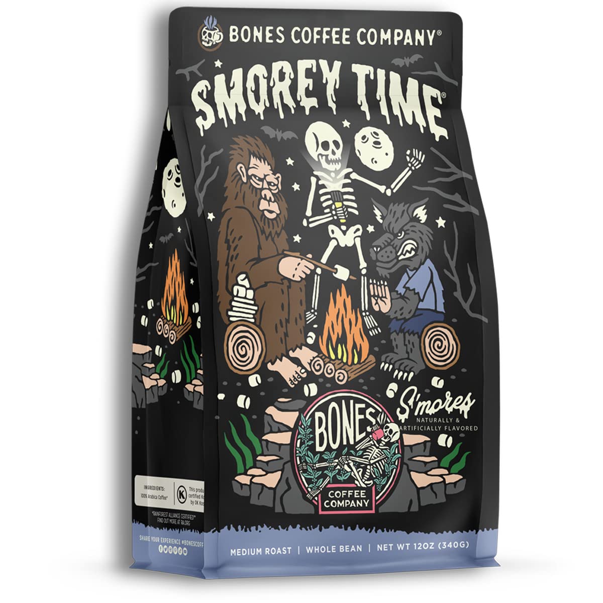 Bones Coffee Company S'morey Time, S'mores and Graham Crackers Flavored Coffee, Medium Roast Low Acid Arabica Beans Compatible with Auto drip