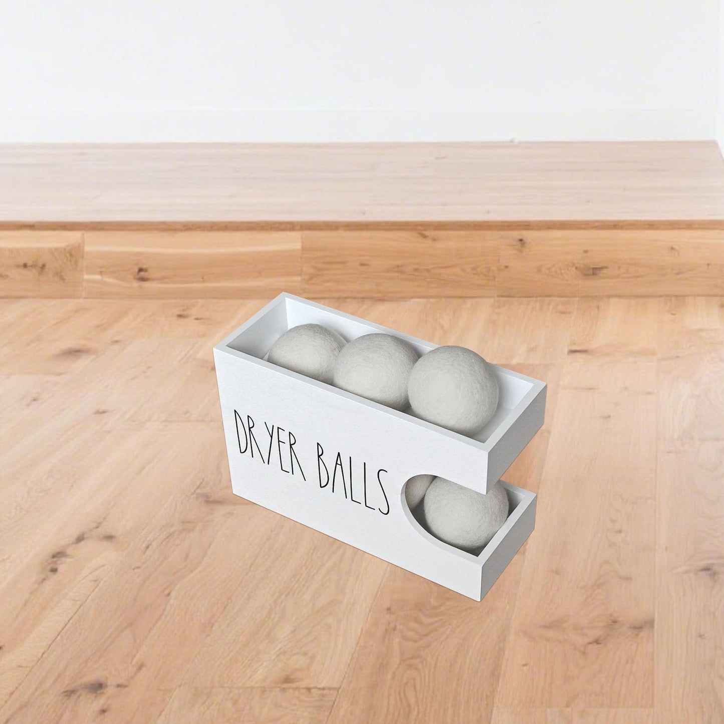 Dryer Ball Holder for Laundry Room, Dryer Balls Container Wall Mount, Wood Dryer Balls Storage Organizer, Wool Dryer Ball Dispenser Basket (White)