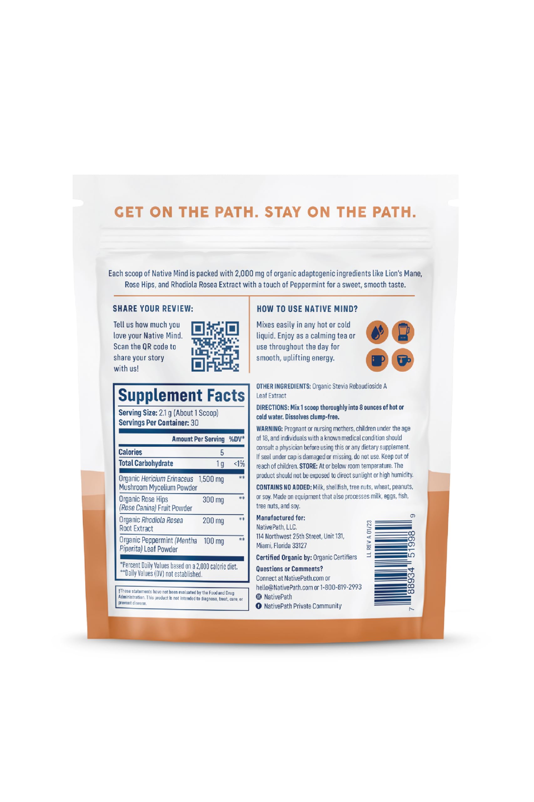 NativePath Native Mind Organic Adaptogen Herbal Support Blend - Organic Mushroom Drink Powder with Lion's Mane, Rhodiola & Rose Hips - 30 Servings
