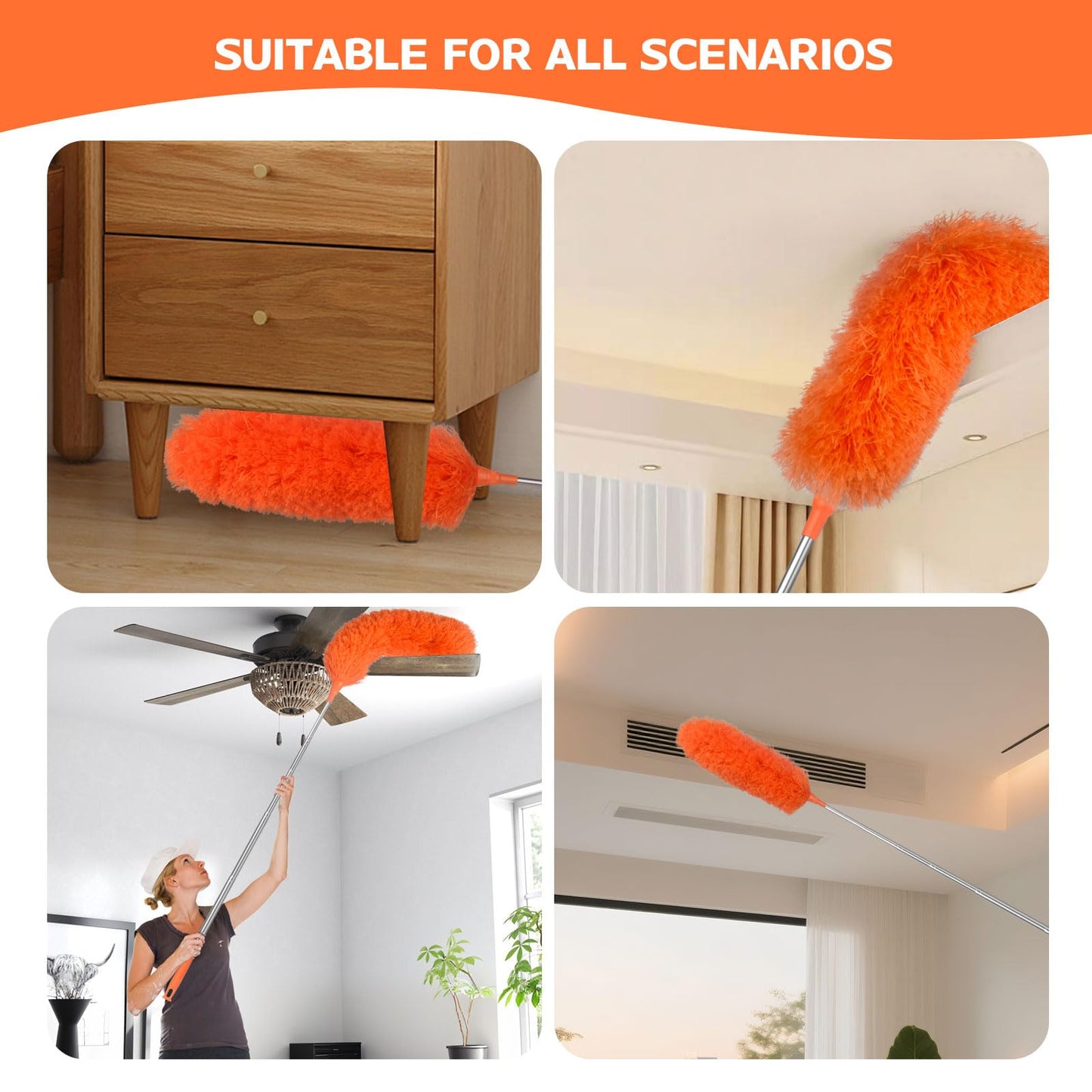Microfiber Feather Duster Extendable Duster with 30'' to 100'' Telescoping Extension Pole, Bendable Head & Long Handle Dusters for Cleaning Ceiling