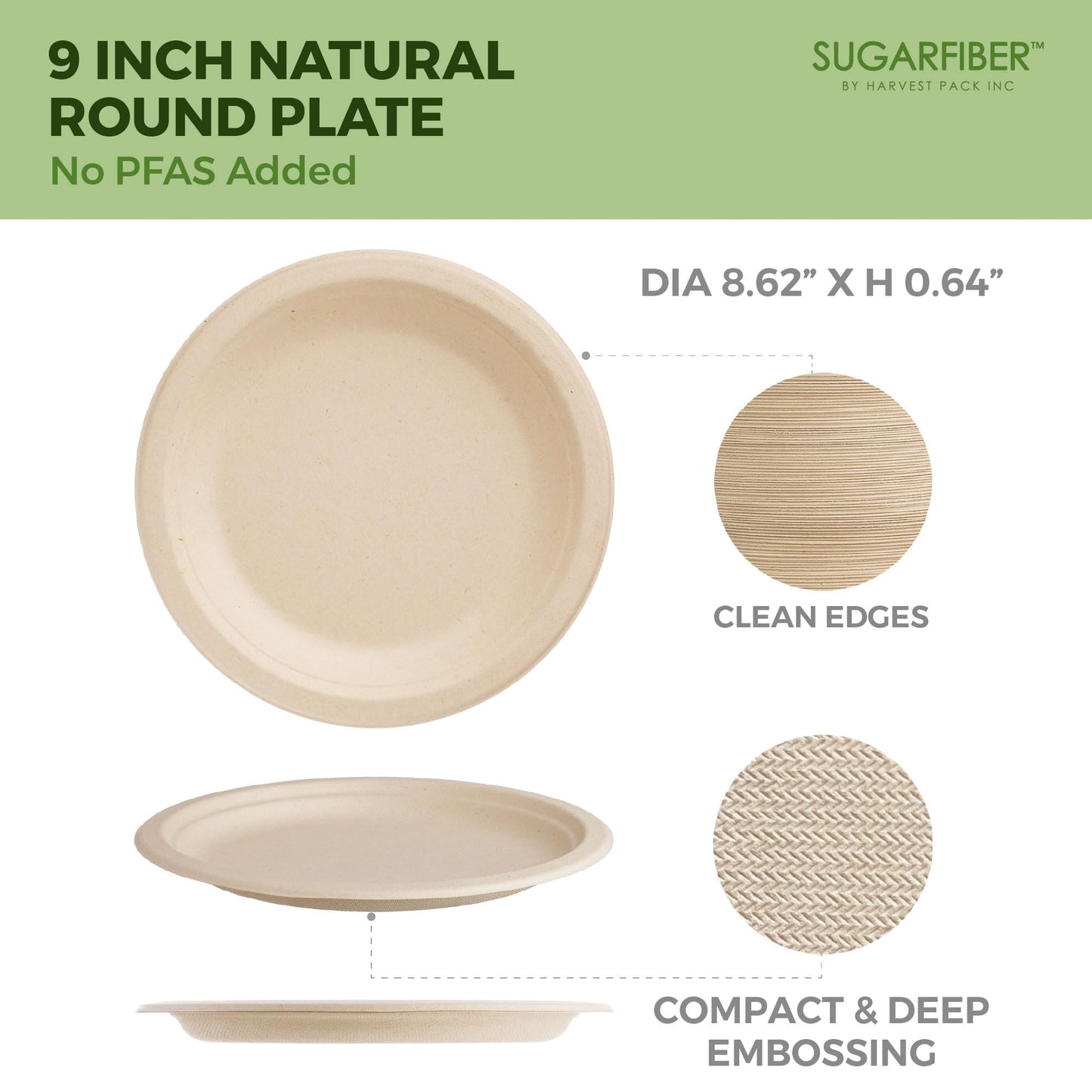[100 COUNT]Harvest Pack PFAS FREE 9 inch Compostable Paper Plates, Round Disposable Heavy-Duty Natural Bagasse Biodegradable Dinner Plates, Large