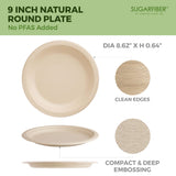 [100 COUNT]Harvest Pack PFAS FREE 9 inch Compostable Paper Plates, Round Disposable Heavy-Duty Natural Bagasse Biodegradable Dinner Plates, Large