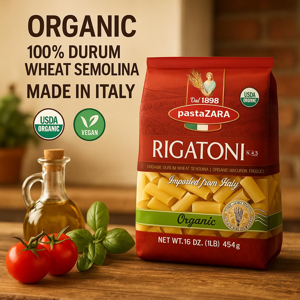 PASTA ZARA - Rigatoni - Organic - 100% Italian Pasta, Made with Durum Wheat Semolina Flour, Non GMO, Kosher (1 LB. BAG) - Consistently al Dente.