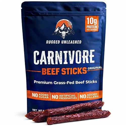 Rugged Unleashed Grass Fed Beef Sticks - Premium Carnivore Snacks With High Protein Meat Sticks, Savory Beef Jerky Snack Sticks, Carnivore Bar, No