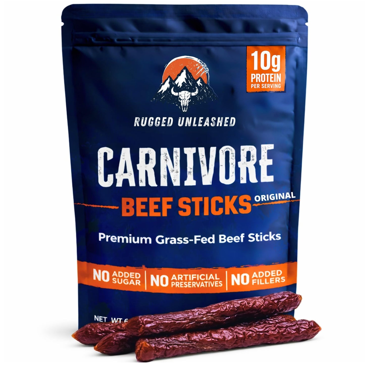 Rugged Unleashed Grass Fed Beef Sticks - Premium Carnivore Snacks With High Protein Meat Sticks, Savory Beef Jerky Snack Sticks, Carnivore Bar, No