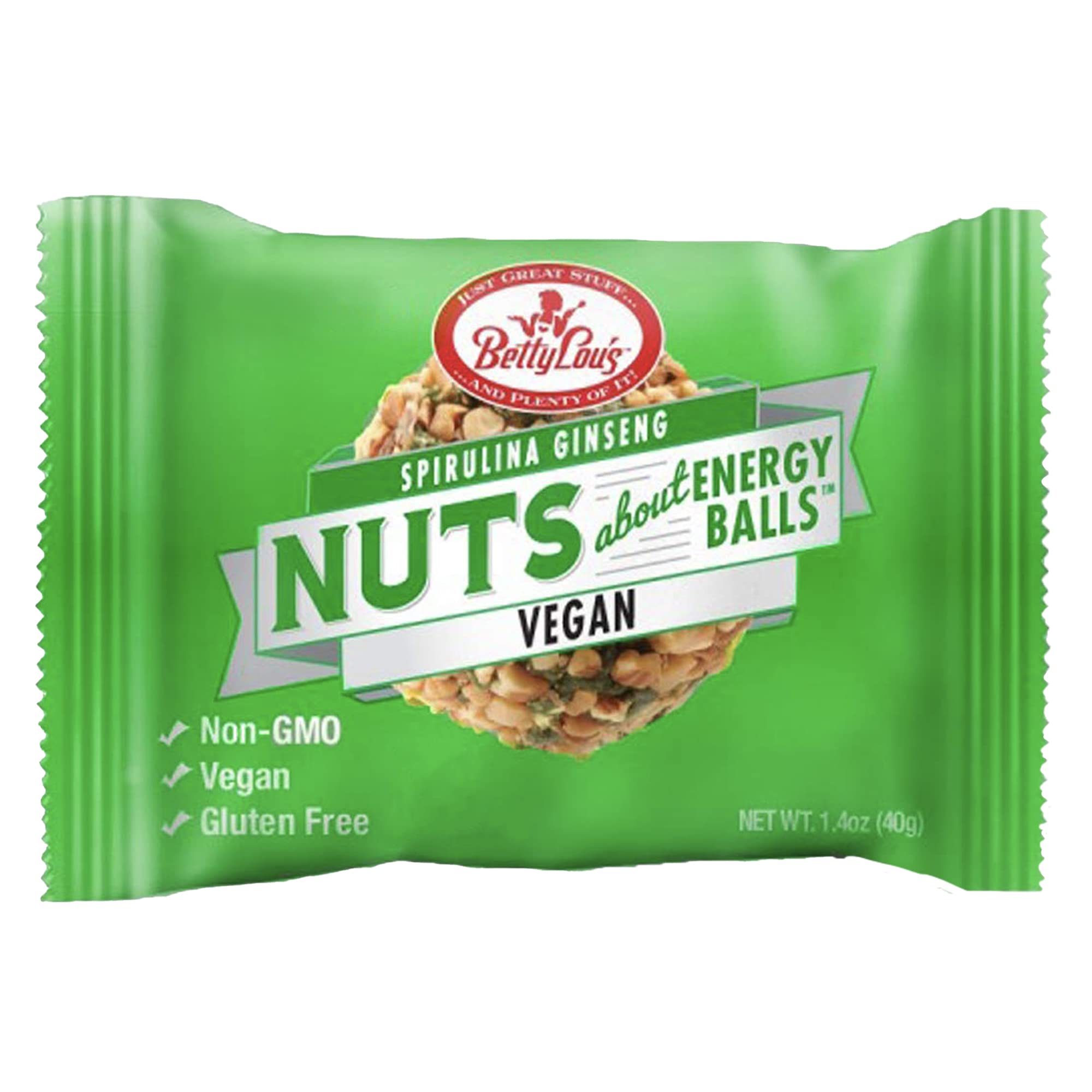 Betty Lou's Spirulina Ginseng Energy Balls, Gluten Free, Non GMO, High Fiber, No Refined Sugar, Healthy Vegan Snacks for Adults and Kids, Individually