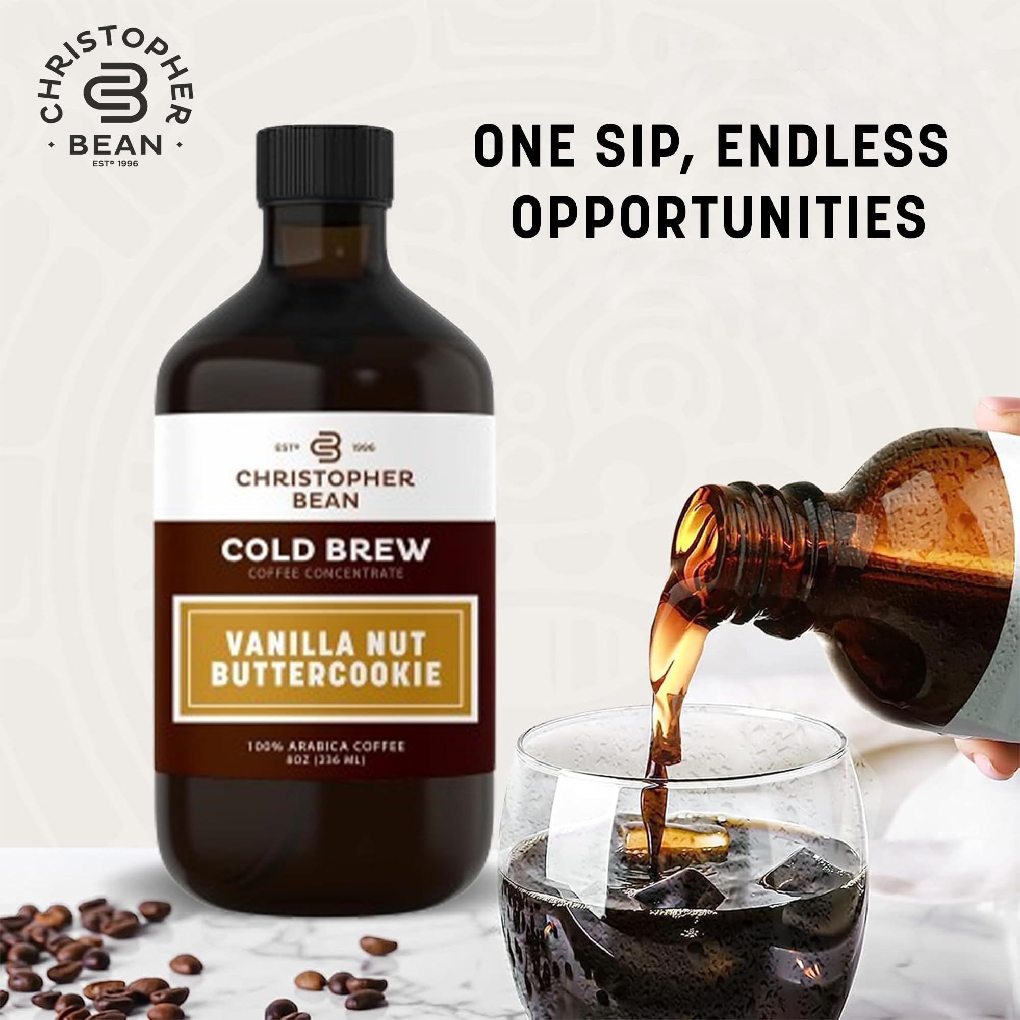 Christopher Bean Hand Crafted Vanilla Nut Butter Cookie Flavored Coffee - Unsweetened Cold Brew & Iced Instant Coffee Distillate Liquid Java - Butter