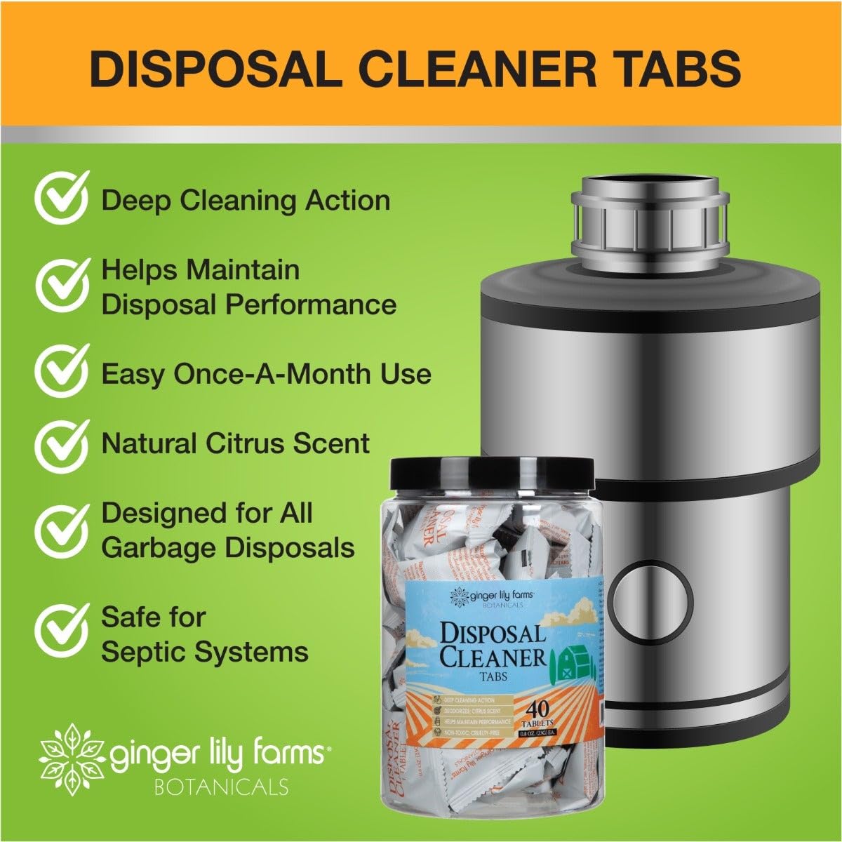 Ginger Lily Farms Botanicals Garbage Disposal Cleaner Tabs, Deep Cleaning Tablets for Sink Disposals, Removes Odor-Causing Residues, Citrus Scent