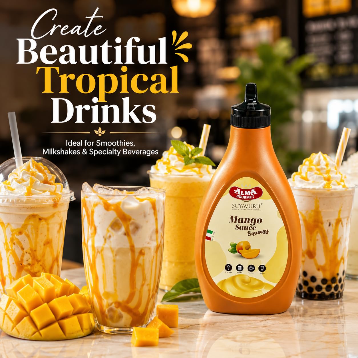 Alma Gourmet Mango Topping Sauce 17.6oz (500g) - Premium Italian Mango Fruit Syrup & Dessert Topping for Ice Cream, Gelato, Pancakes, Waffles, Crepes