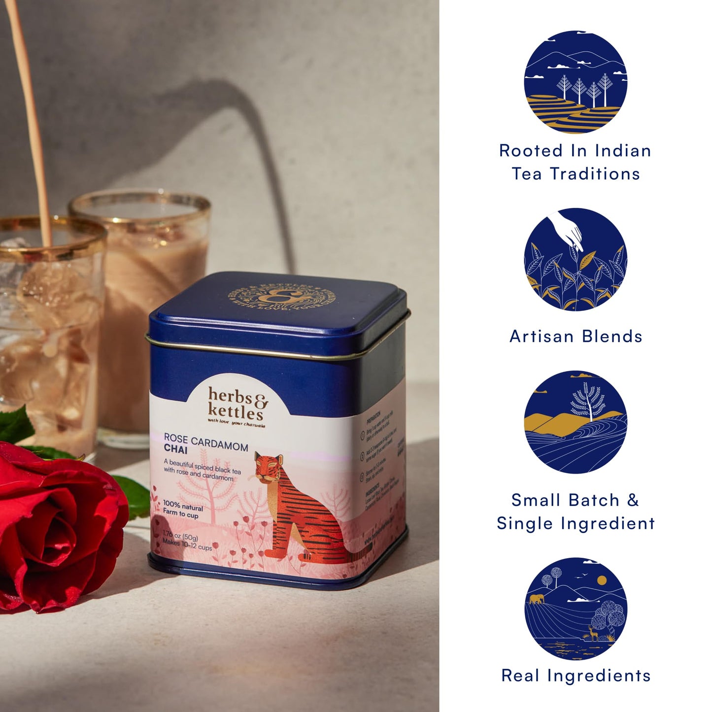 Herbs & Kettles Chai - Rose Cardamom | Assam Black Tea with Rose Petals, Green Cardamom, Ginger, Cinnamon & Cloves | Floral Loose Leaf Blend | Makes