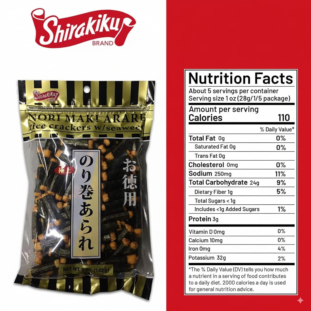 Shirakiku Japanese Nori Maki Arare Rice Crackers with | Glutinous Rice, Soy Sauce, Wheat, and Seaweed | Crispy and Savory Cracker Snacks, Seaweed