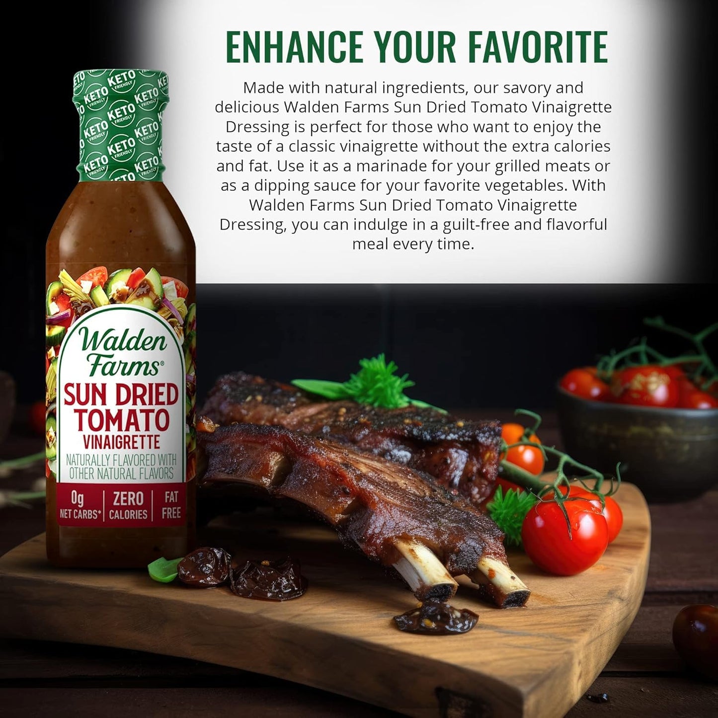 Walden Farms Sun Dried Tomato Vinaigrette - Calorie-Free, Low Carb, Keto-Friendly, Vegan, Sugar-Free Dressing with Rich Tomato & Herb Flavor - 12 oz