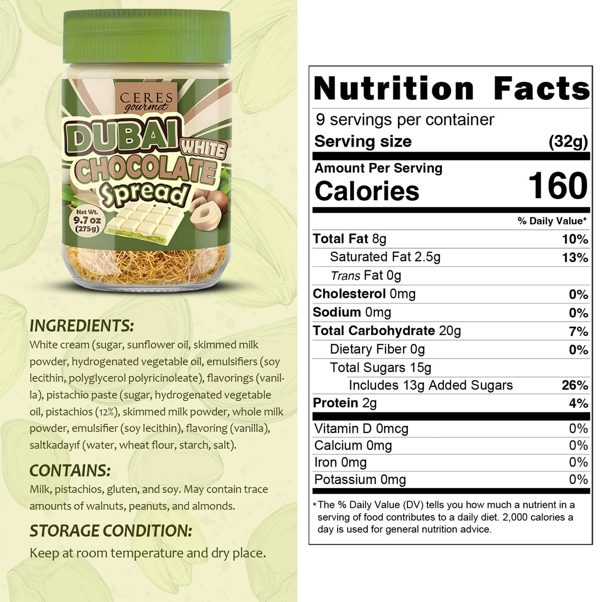 Dubai White Chocolate Spread 9.7 oz Jar with Pistachio Cream and Kataifi