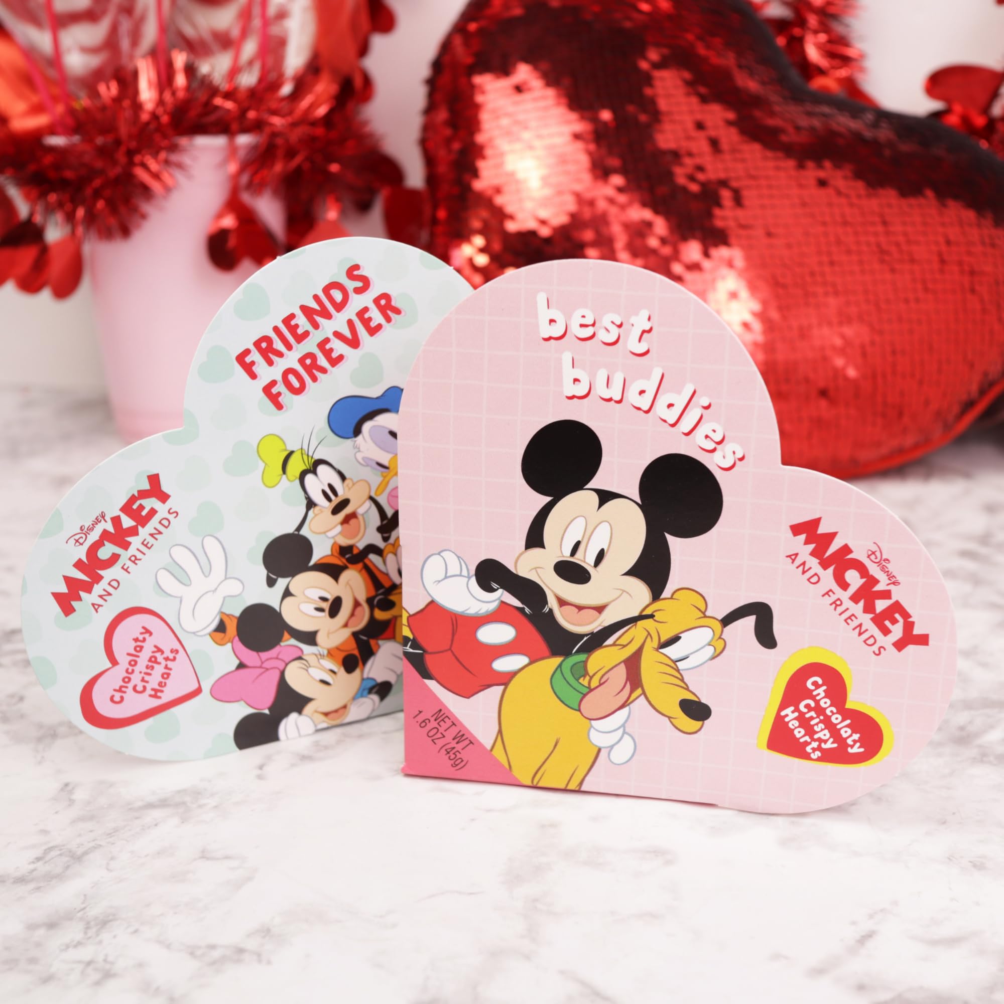 Disney Mickey, Minnie and Stitch Mini Heart Boxes with Chocolatey Candies, Valentines Candy Gift Set, 1.6 Ounces Each, Pack of 4