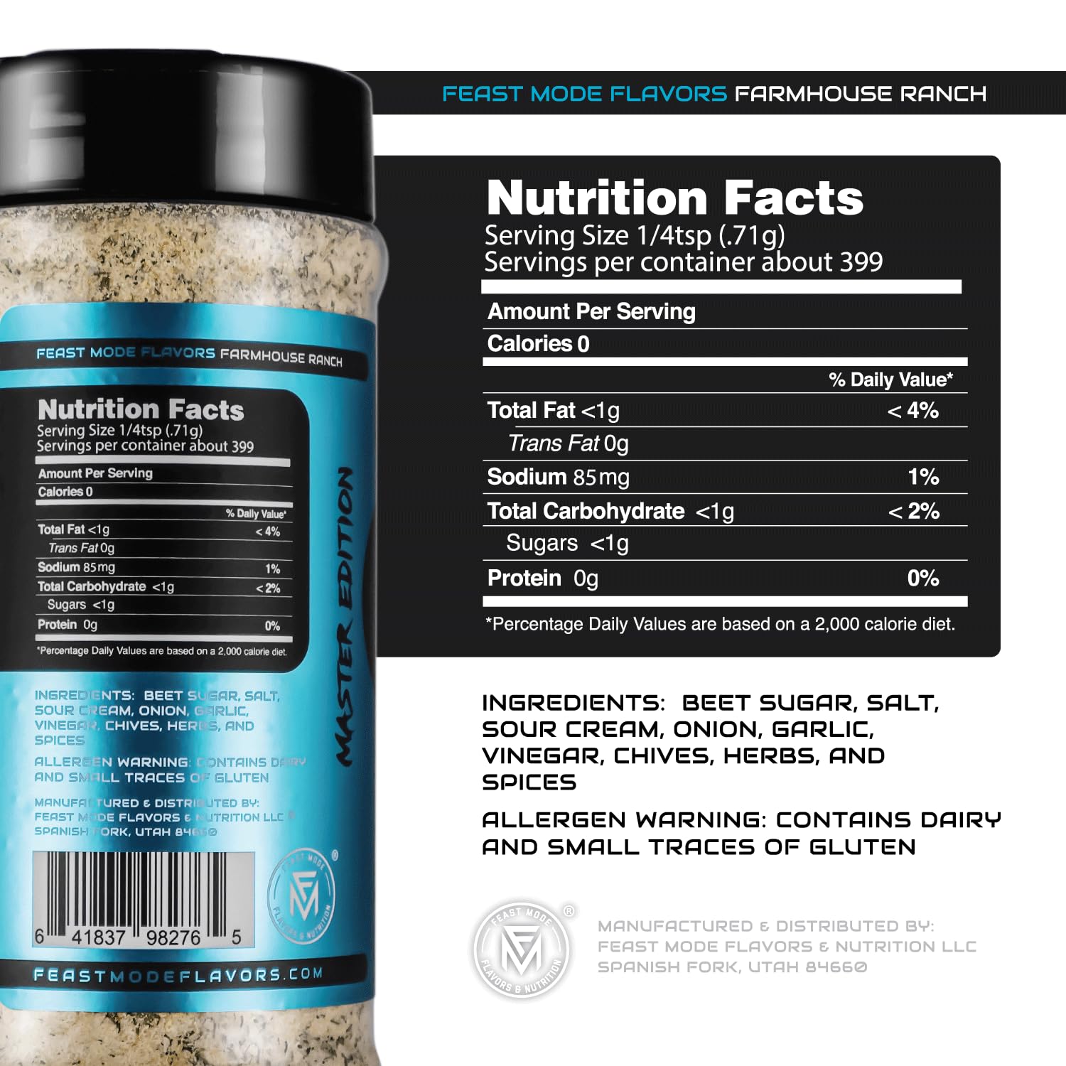 Farmhouse Ranch Seasoning | Feast Mode Flavors 10oz Master Edition | Low Sodium | Low Calorie | Zero Artificial Fillers Binders or Dyes | Natural Meal