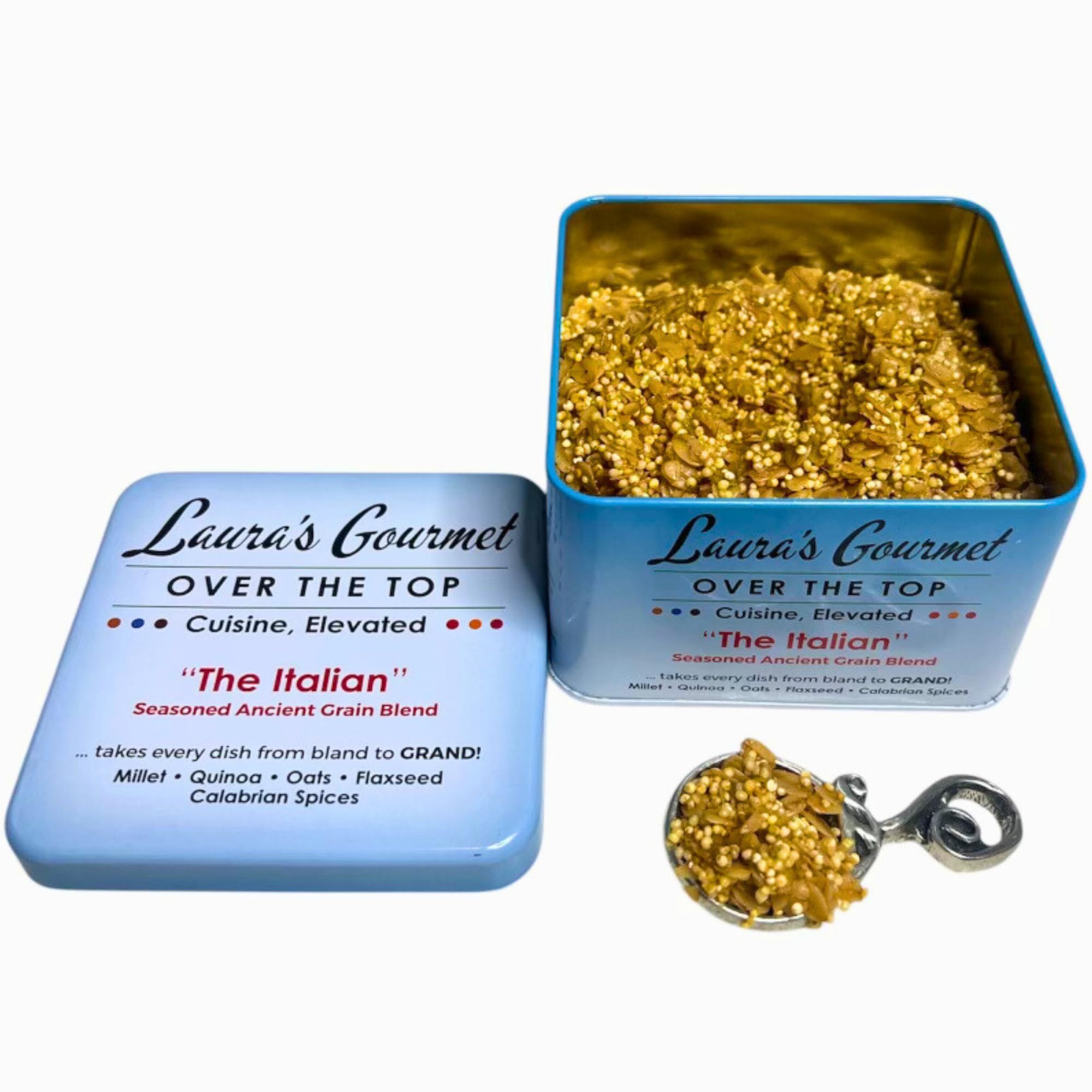 Laura’s Gourmet, Over The Top Savory Seasoned Ancient Grain Blends, “The Italian,” 10 oz. Tin, All-Natural, Gluten-Free Topper for Salads, Soups
