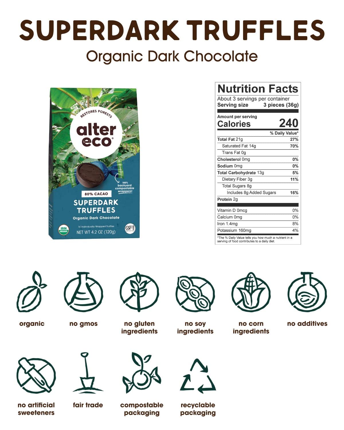 Alter Eco | Superdark Chocolate Truffles | Pure Dark Cocoa, Fair Trade, Organic, Non-GMO, Gluten Free (10 Count (Pack of 1))