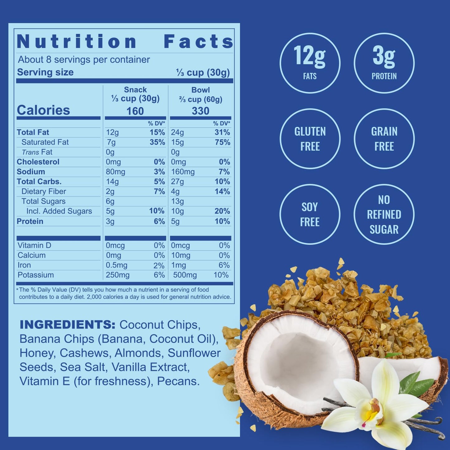 Inrive Paleo Grain Free, Gluten Free Granola (Coconut Vanilla), Non GMO, No Refined Sugar, Soy-Free, Kosher, 3 Pack, 8oz
